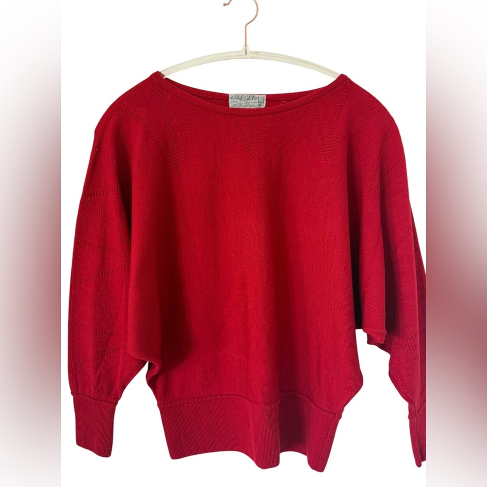 Vintage Jaeger Red Wool Dolman Sweater Boatneck Batwing S/M Relaxed Fit